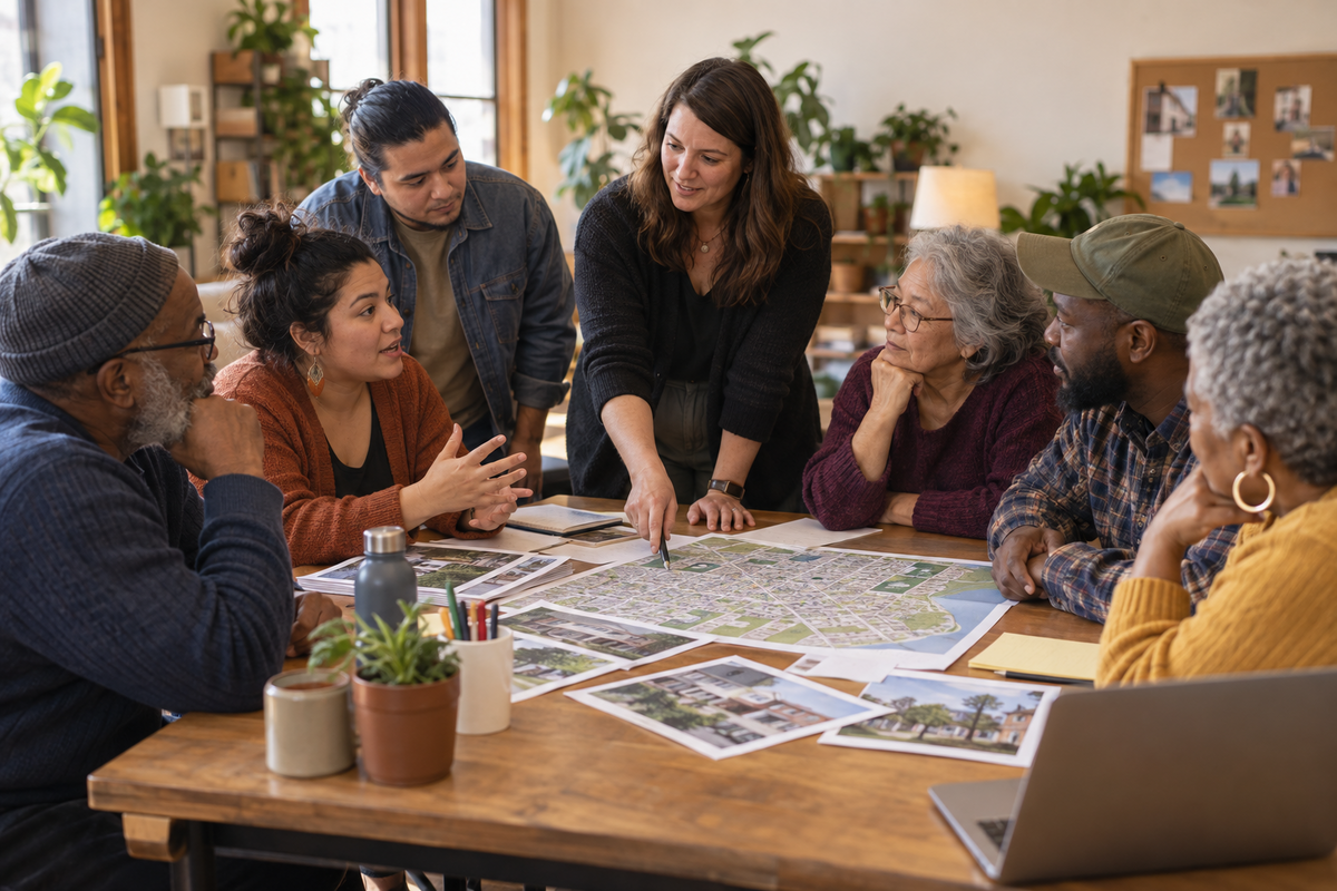 Residents and housing advocates collaborating at a community meeting